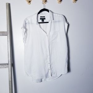 TAHARI WHITE 100% LINEN BUTTON DOWN CUFFED SLEEVE BLOUSE SIZE MEDIUM